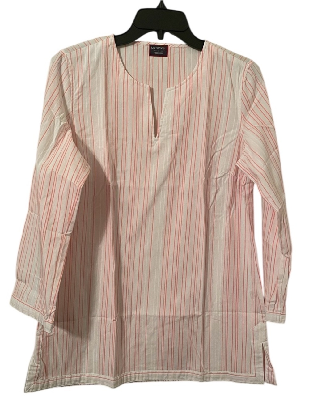 Untuckit Women's White Orange Striped Durfort Regular Quarter Sleeve Top Size 8